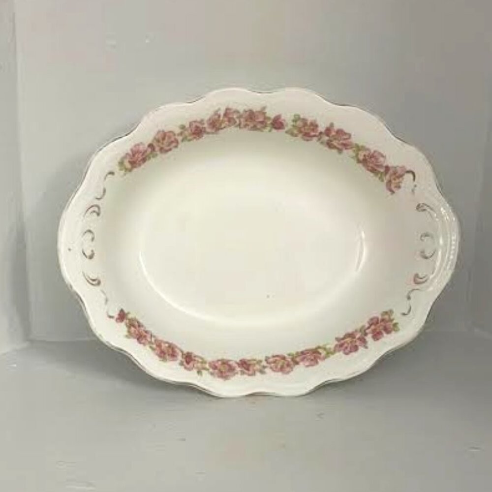 Johnson Brothers Pink Floral Oval Platter, Vintage Serveware Embossed Edging Mad